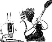 a black and white drawing of a woman holding a hammer in front of a computer screen .