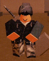 a roblox character is holding a sword and wearing a leather jacket .