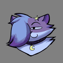 a cartoon drawing of a cat with a collar and a crescent moon