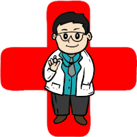 a cartoon drawing of a doctor with a red cross in the background