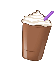 a cartoon drawing of a cup of coffee with whipped cream and a purple straw