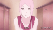 a girl with pink hair says huh on a screen