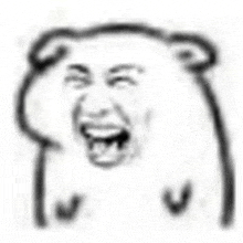 a black and white drawing of a teddy bear laughing .