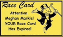 a yellow race card with a monopoly man holding a cane .