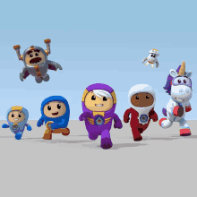 a group of cartoon characters including a robot and a unicorn