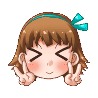 a cartoon girl with brown hair and a blue bow on her head giving a peace sign