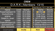 a screen shows the crew of dark members and their total bounty