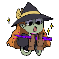 a cartoon of a witch holding a purple object with her hands