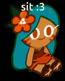 a pixel art drawing of a girl with a flower in her hair and the words sit : 3 below her