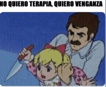 a cartoon of a man holding a knife while a little girl screams .