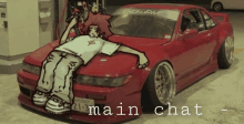 a drawing of a man laying on top of a red car that says main chat