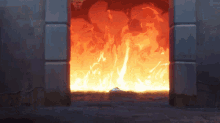 a painting of a fire coming out of a door