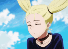 a blonde anime girl with pigtails and a choker is looking down with her eyes closed .