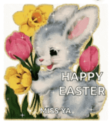 a happy easter greeting card with a bunny holding flowers