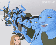 a group of avatar characters posing for a picture with a girl in the middle wearing a phnk shirt