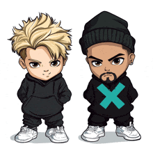 two cartoon characters wearing black hoodies with a blue cross on the front