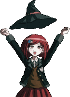 a girl with red hair is wearing a witch hat and raising her arms in the air