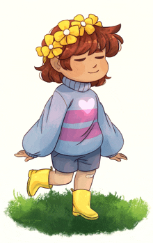 a drawing of a girl wearing a heart sweater and yellow boots