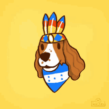 a drawing of a dog wearing a headdress and a bandana with stars