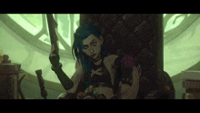 a girl with blue hair is sitting in a chair holding a sword