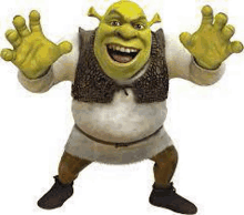 shrek from shrek is standing on a white background with his hands outstretched .