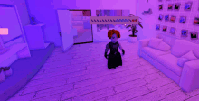 a person standing in a living room with a purple light