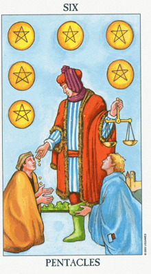 a six pentacles tarot card with a man holding scales