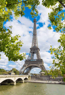 the eiffel tower is surrounded by trees and water