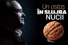 a man with glasses is next to a walnut with the words un osta in slujba nucii