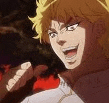 a close up of dio from jojo 's bizarre adventure is smiling .