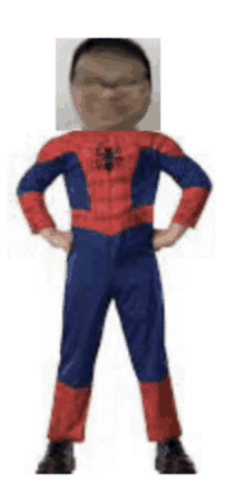 a child is wearing a spiderman costume with a picture of a man 's face on his face .