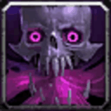 a skull with purple eyes and sharp teeth is in a video game .