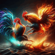 two colorful roosters standing next to each other in the sand