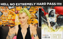 a woman with green hair is sitting in front of a marvel comic book cover