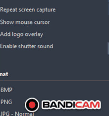 a screenshot of a bandicam app showing the options to repeat screen capture show mouse cursor and add logo overlay