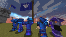 a group of minecraft characters are standing in front of a blue flag