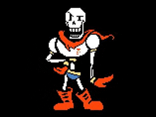 papyrus from undertale is a pixel art character with a red scarf around his neck .