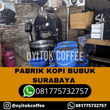 an advertisement for oyitok coffee shows a machine and buckets of coffee beans