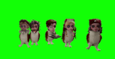 a group of cartoon characters are standing in a row on a green screen .
