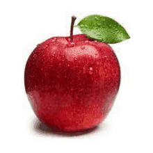 a single red apple with a green leaf on a white background .