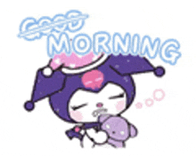 a purple and white cartoon character is holding a teddy bear and saying good morning .