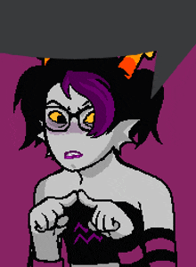 a pixel art of a girl with purple hair and glasses