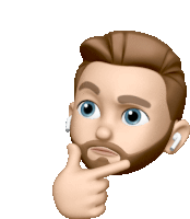 a cartoon man with a beard and ear buds is thinking with his finger on his chin