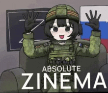 a girl in a military uniform is sitting on a couch and waving