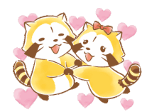 two raccoons are hugging each other with pink hearts behind them