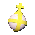 a white egg with a yellow ribbon around it and a yellow cross on top of it .