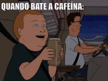 a cartoon of a man holding a mug with the words quando bate a cafeina