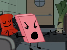 a cartoon drawing of a pink block with a surprised face
