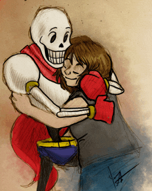 a drawing of a girl hugging a skeleton with the letters aa on the bottom right