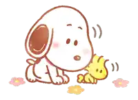 a cartoon drawing of snoopy and woodstock playing with flowers